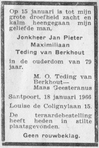 Overlijdensbericht Jhr J.P.M. Teding van Berkhout (1886-1966)